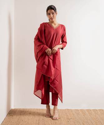Tomato Red Gul Straight Fit  Suit Set 9