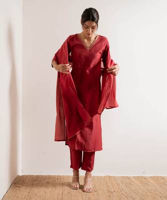 Tomato Red Gul Straight Fit  Suit Set 10