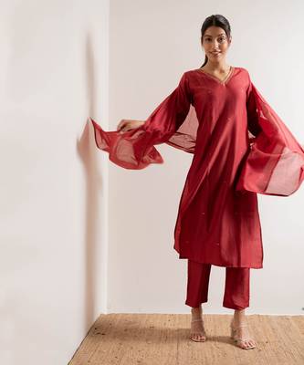 Tomato Red Gul Straight Fit  Suit Set 13