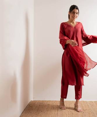 Tomato Red Gul Straight Fit  Suit Set 14