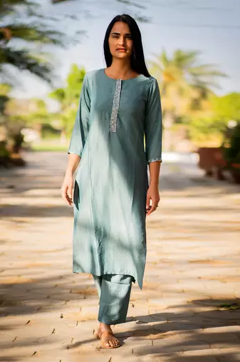 Ice Blue Straight Fit Kurta Set