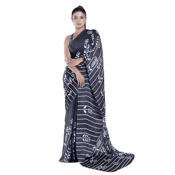Blue printed satin saree with blouse 1