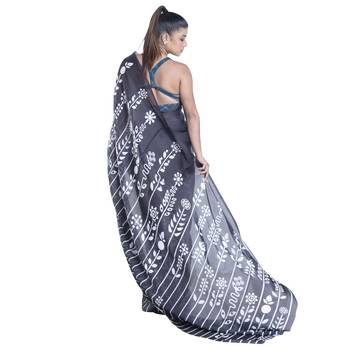 Blue printed satin saree with blouse 2