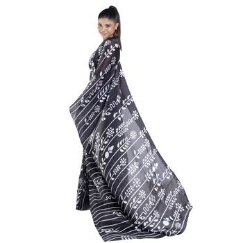 Blue printed satin saree with blouse 3