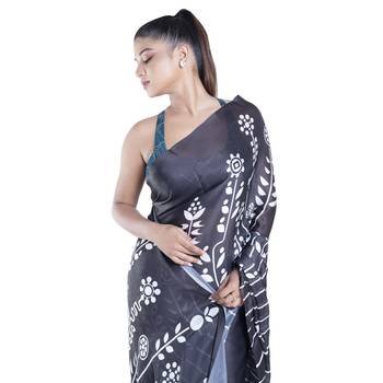 Blue printed satin saree with blouse 4