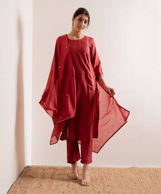 Tomato Red Meher Straight Fit  Suit Set 1