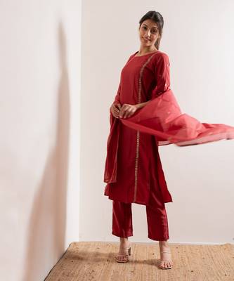 Tomato Red Meher Straight Fit  Suit Set 7