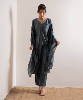 Steel Blue Saanjh Straight Fit  Suit Set 6