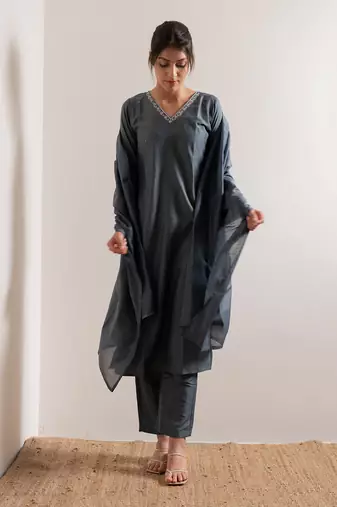 Steel Blue Saanjh Straight Fit  Suit Set