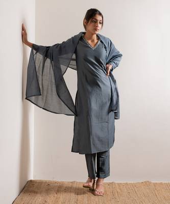 Steel Blue Saanjh Straight Fit  Suit Set 7