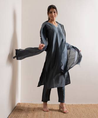 Steel Blue Saanjh Straight Fit  Suit Set 8