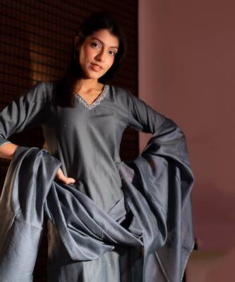 Steel Blue Saanjh Straight Fit  Suit Set 9