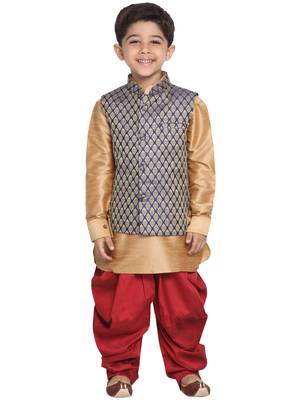  Rose Gold And Black Silk Blend Jacket, Kurta And Dhoti Set 1