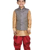  Rose Gold And Black Silk Blend Jacket, Kurta And Dhoti Set