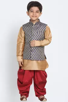  Rose Gold And Black Silk Blend Jacket, Kurta And Dhoti Set