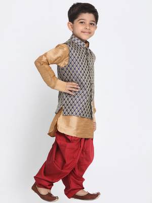  Rose Gold And Black Silk Blend Jacket, Kurta And Dhoti Set 3
