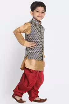  Rose Gold And Black Silk Blend Jacket, Kurta And Dhoti Set