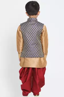  Rose Gold And Black Silk Blend Jacket, Kurta And Dhoti Set