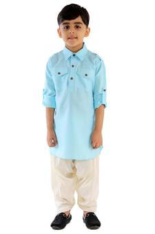 Boys Blue Cotton Blend Pathani Kurta Set