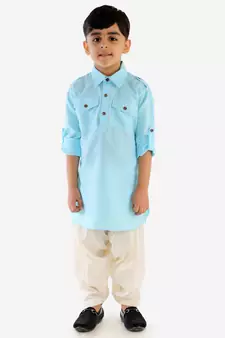 Blue Cotton Blend Pathani Kurta Set