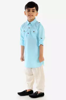  Blue Cotton Blend Pathani Kurta Set