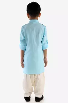  Blue Cotton Blend Pathani Kurta Set