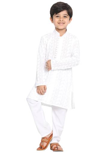 Boys White Cotton Kurta Pyjama Set