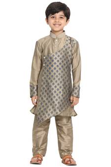 Boys Chiku Cotton Blend Kurta Pyjama Set