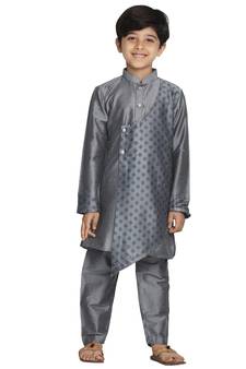 Boys Grey Cotton Blend Kurta Pyjama Set
