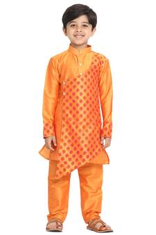 Boys Orange Cotton Blend Kurta Pyjama Set