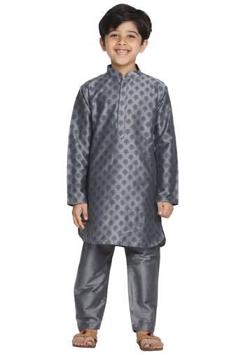 Boys Grey Cotton Blend Kurta Pyjama Set