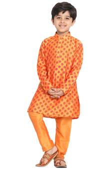 Boys Orange Cotton Blend Kurta Pyjama Set