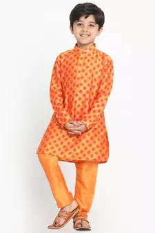  Orange Cotton Blend Kurta Pyjama Set