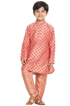 Boys Pink Cotton Blend Kurta Pyjama Set