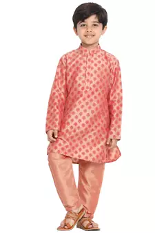 Pink printed blended cotton boys-kurta-pyjama