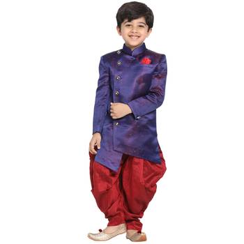  Blue And Maroon Silk Blend Indowestern Sherwani And Dhoti Set 1