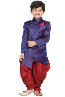 Boys Blue And Maroon Silk Blend Indowestern Sherwani And Dhoti Set