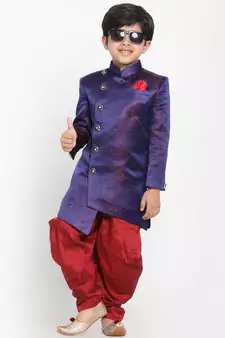  Blue And Maroon Silk Blend Indowestern Sherwani And Dhoti Set