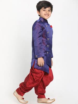  Blue And Maroon Silk Blend Indowestern Sherwani And Dhoti Set 3