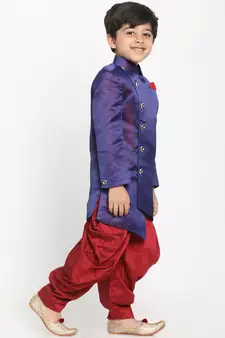  Blue And Maroon Silk Blend Indowestern Sherwani And Dhoti Set