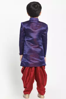  Blue And Maroon Silk Blend Indowestern Sherwani And Dhoti Set