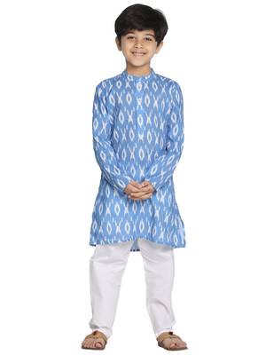  Aqua Blue And White Ikkat Kurta Pyjama Set 1