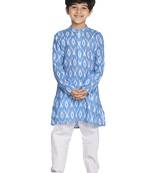  Aqua Blue And White Ikkat Kurta Pyjama Set