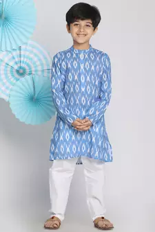  Aqua Blue And White Ikkat Kurta Pyjama Set