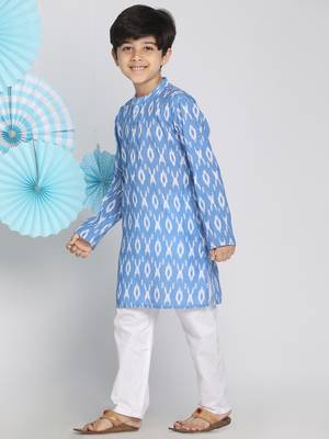  Aqua Blue And White Ikkat Kurta Pyjama Set 3