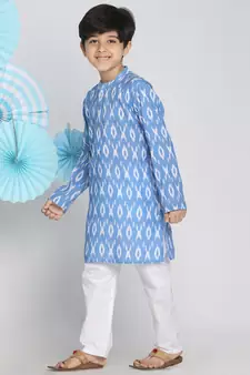  Aqua Blue And White Ikkat Kurta Pyjama Set