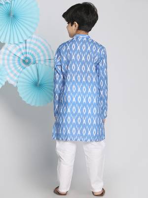  Aqua Blue And White Ikkat Kurta Pyjama Set 4