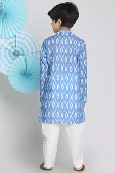  Aqua Blue And White Ikkat Kurta Pyjama Set