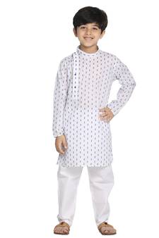 Boys' White And Blue Kurta Pyjama Set