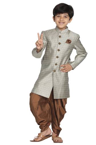 Boys' Beige,Grey And Coffee Indowestern Sherwani And Cowl Dhoti Pant Set